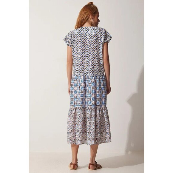 ZARA Blue Printed Cotton Voile Tiered A-Line Midi Dress, Size L - Picture 14 of 15